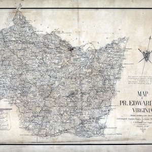 1864 Map of Prince Edward County Virginia Family Names Genealogy
