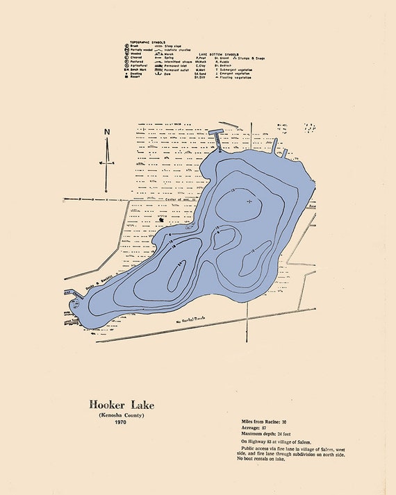 1970 Map of Hooker Lake Kenosha County Wisconsin Etsy
