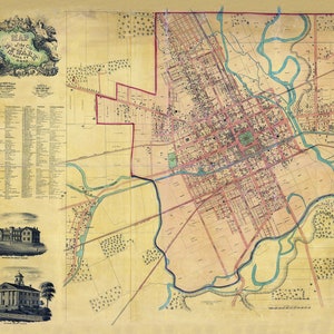 Peut inclure: Une carte ancienne de la ville de Newark, Ohio, imprimée en 1855. La carte montre les rues, les bâtiments et les cours d'eau de la ville. La carte est entourée d'une bordure décorative et comprend une légende des symboles de la carte.
