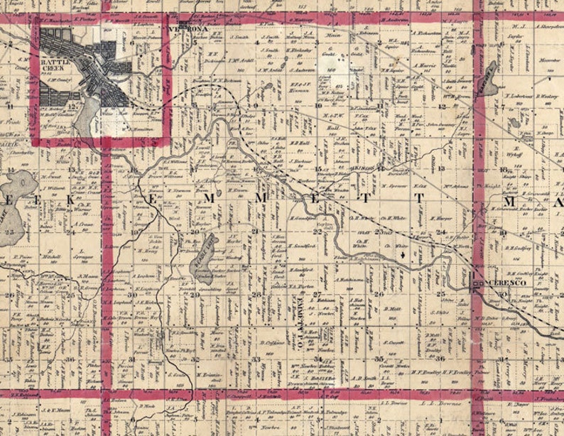 1858 Farm Line Map of Calhoun County Michigan Battle Creek Etsy