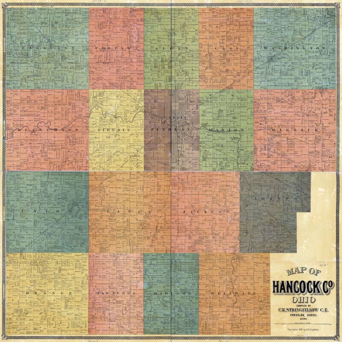 1890 Farm Line Map of Hancock County Ohio Findlay Etsy