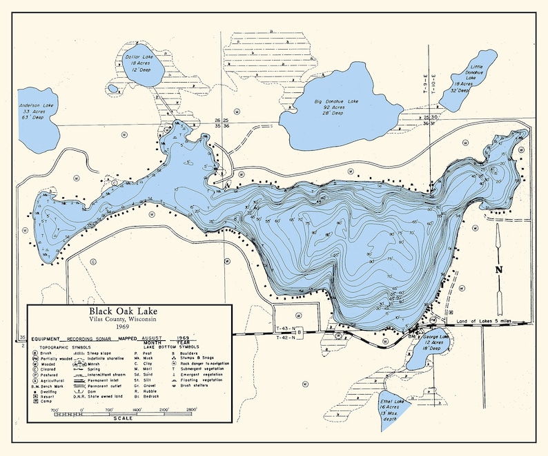 1969 Map of Black Oak Lake Vilas County Wisconsin Etsy
