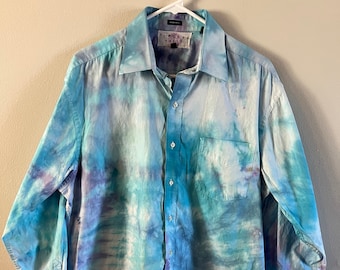 Bluesy Mood Upcycled Ice Dyed Long Sleeve Button Up Shirt