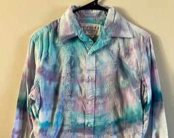 Arctic Breeze Upcycled Ice Dyed Long Sleeve Button Up Shirt