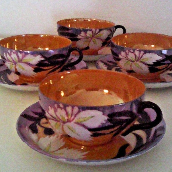 Japanese Vintage Hand Painted TT Takito Lusterware Tea cups & Saucers, 4 Sets