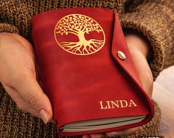Tree of life leather journal, refillable journal with leather cover, personalized lined notebook, A5 leather cover notebook