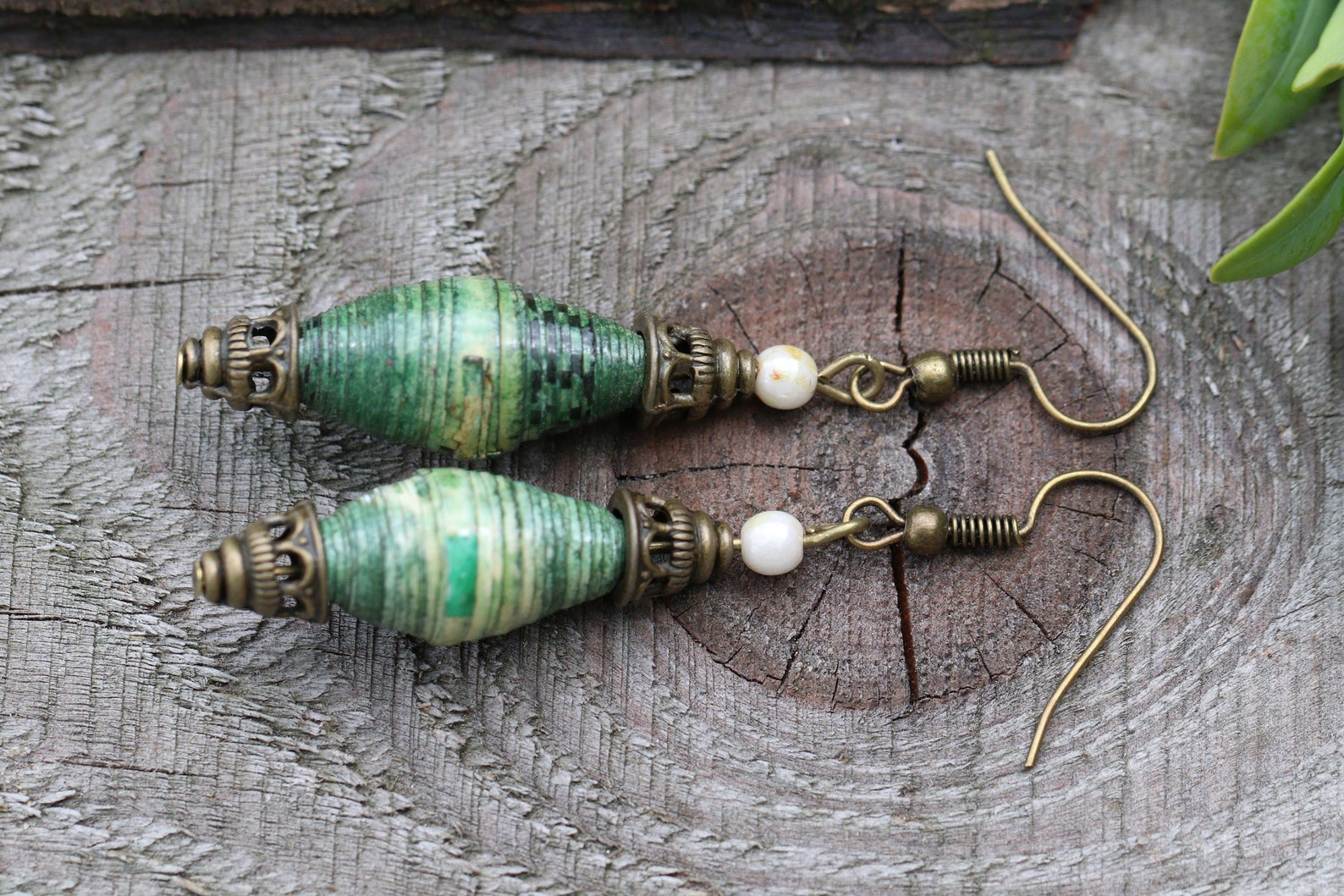 Green Paper Bead Earrings Green Earrings Boho Earrings Boho - Etsy