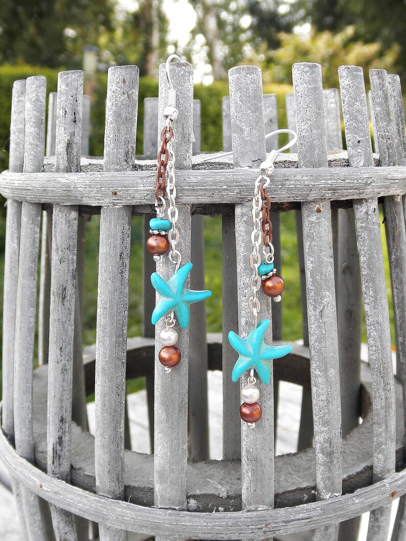 Beach jewelry turquoise sea star earrings Turquoise and silver earrings sea pearl earrings Mixed metals starfish earrings with turquoise