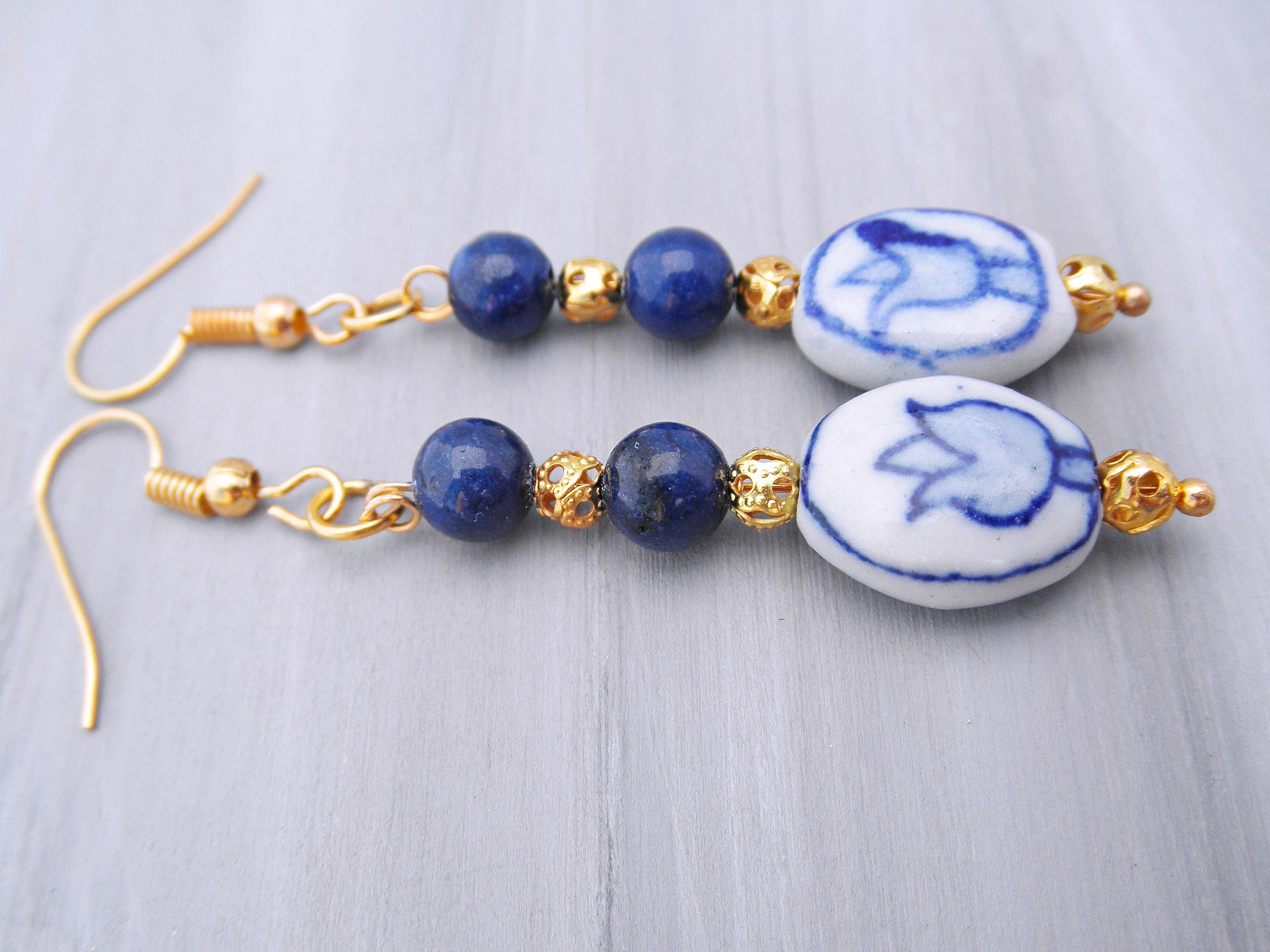 Delft blue tulip earrings with lapis lazuli Golden ceramic Etsy