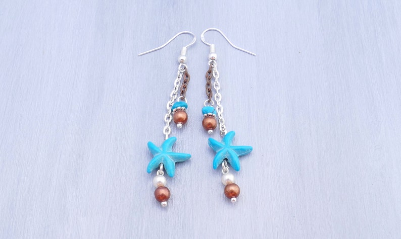 Beach jewelry turquoise sea star earrings Turquoise and silver earrings sea pearl earrings Mixed metals starfish earrings with turquoise