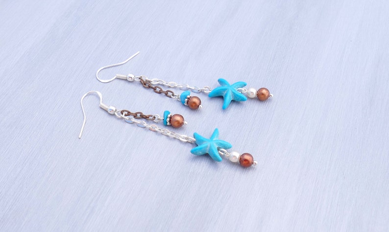 Beach jewelry turquoise sea star earrings Turquoise and silver earrings sea pearl earrings Mixed metals starfish earrings with turquoise