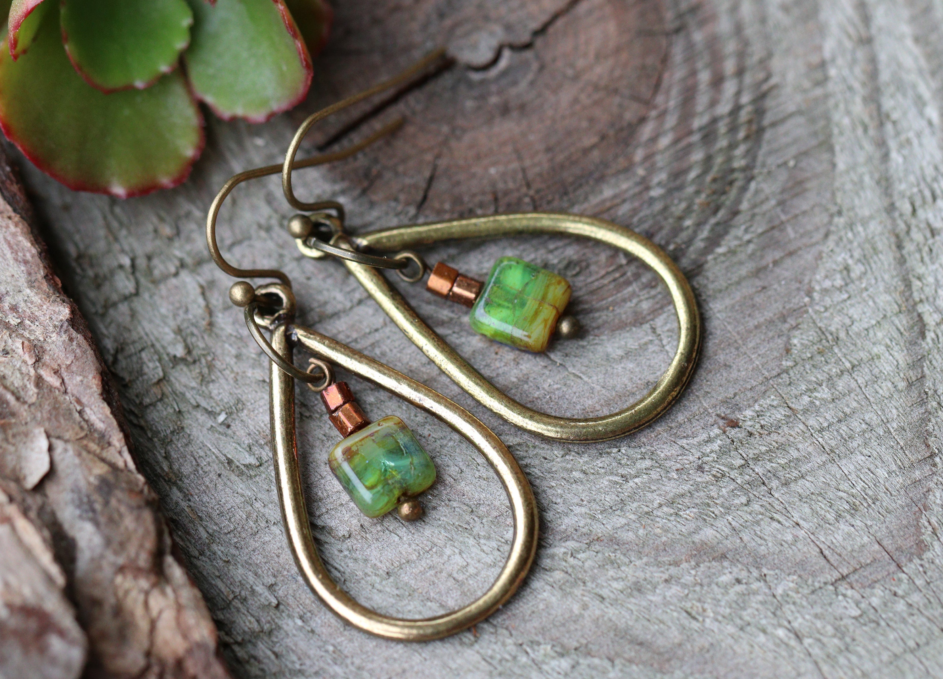 Brass earrings green earrings Czech glass earrings earthy | Etsy