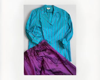 Siam Malee 100% Silk Blazer Skirt Set Size M Hand Made Vintage Rare Purple Blue