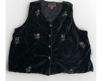April Cornell Vest Black Velvet Embroidered Size Medium Cottagecore Preppy Norm