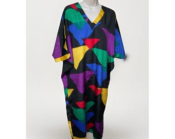 Vintage MGM Kaftan Mumu Beach Cover 80s Memphis Style Size Medium Geometric