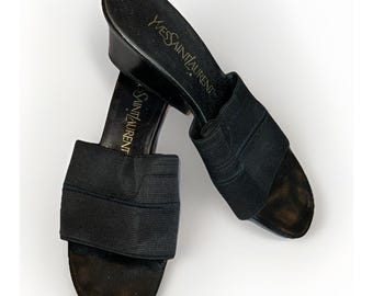 Yves Saint Laurent Block Heeled Slides Black Stretch Women's Size 8