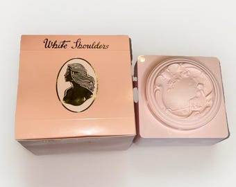 Polvos de baño White Shoulders vintage, envase de 237 ml (8 oz), tapa esculpida con borla, tarro cuadrado.