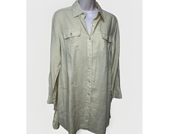 Carole Little 100% Linen Top Longline Button Front Size Large Coastal Clean