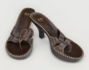 Y2k Platåsandaler med mules från CRB i läder, sömdetaljer, storlek 6,5, boho grungerock