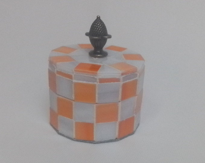 Mosaic Stained Glass Checkerboard Peach and White Jewelry, Trinket, Keepsake, Gift, Ring Box With a Metal Finial Handle on Top
