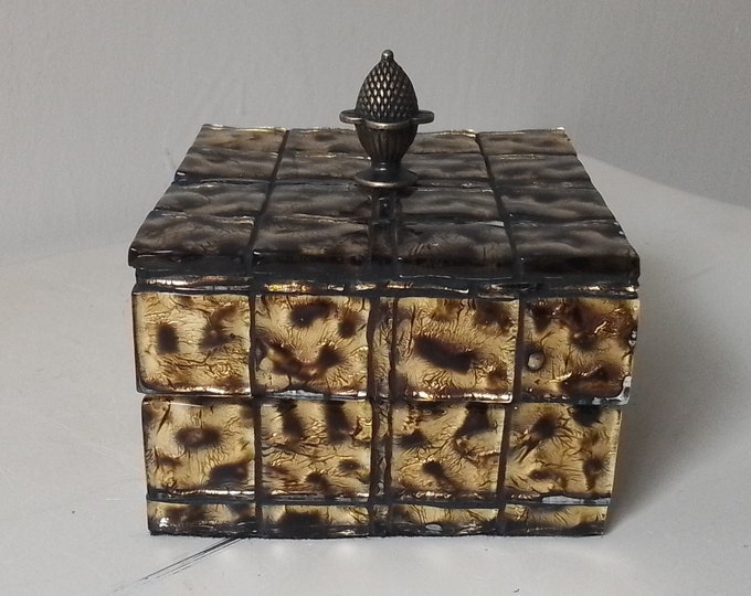 Mosaic Black and Gold Leaf Foil Glass Tiled Jewelry, Trinket, Keepsake, Square Box with a Metal Finial/Handle on Top