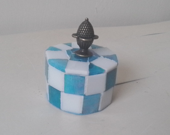 Mosaic Stained Glass Saphire Blue and White Checkerboard Small Round Jewelry, Trinket, Keepsake, Gift, Ring Box With a Metal Finial Handle