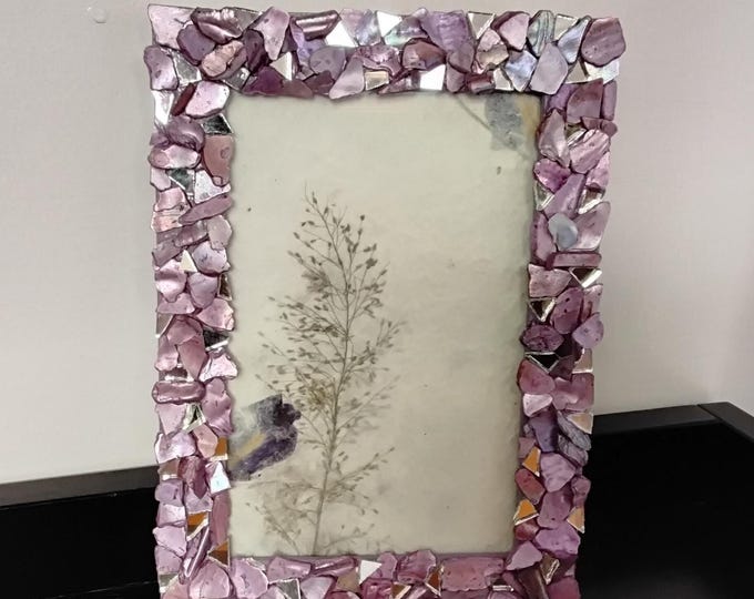 Purple Lavender-Stained Abalone Shell and Mirror Vertical or Horizontal, Hanging or Tabletop, 4 x 6-inch Frame with Glass