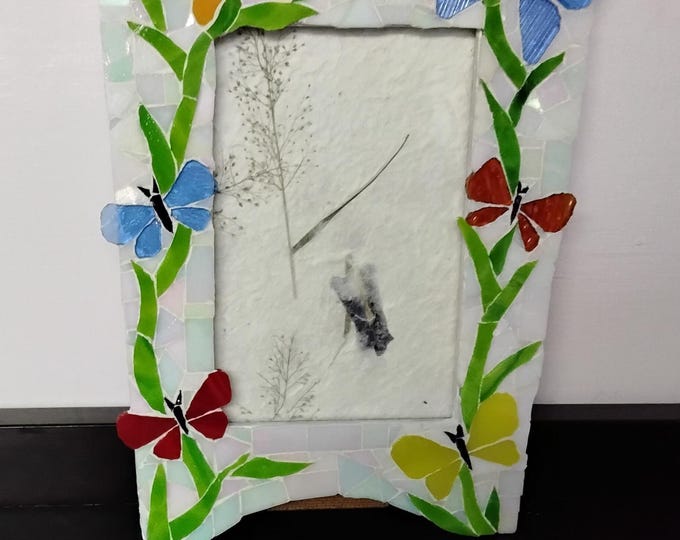 Mosaic Stained Glass Multi-Colored Butterfly 4 x 6 Inch Tabletop or Hanging Vertical Frame with Glass
