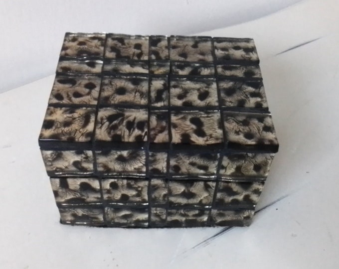 Mosaic Gold and Black Leopard Glass Tiled Jewelry, Trinket, Keepsake, Gift, Hinged, Ring Box