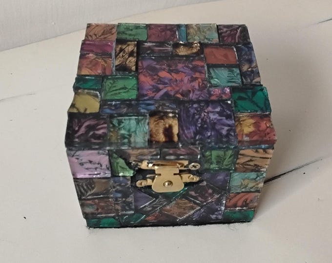 Mosaic Multi-Colored Van Gogh-Stained Glass and Art Glass Square. Hinged, Jewelry, Trinket, Keepsake, Ring Box