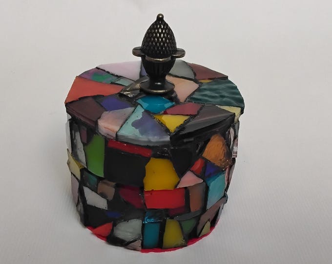 Handcrafted Mosaic Multi-Colored Stained and Art Glass Round Jewelry, Trinket, Keepsake, Ring Box with a Metal Acorn Finial/Handle on Top