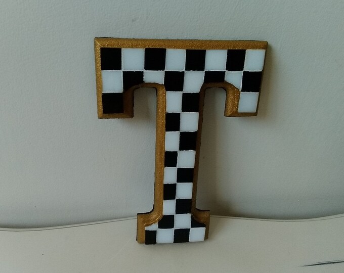 Mosaic Checkerboard Black and White Stained Glass Tile Monogram Letter "T" With Gold Leaf Paint Trim