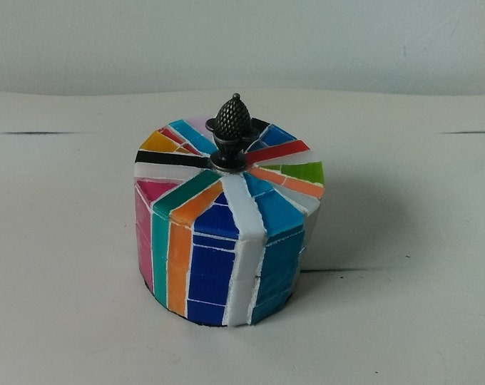 Mosaic Multi Colored Striped Stained Glass Round Jewelry, Trinket, Keepsake, Gift, Ring Box With an Acorns Metal Finial on Top