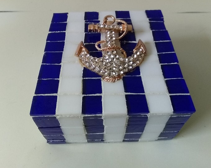Nautical Striped Blue and White Stained Glass Hinged Trinket, Jewelry, Keepsake, Gift, Box With a Rose Gold Plated and Rhinestone Anchor