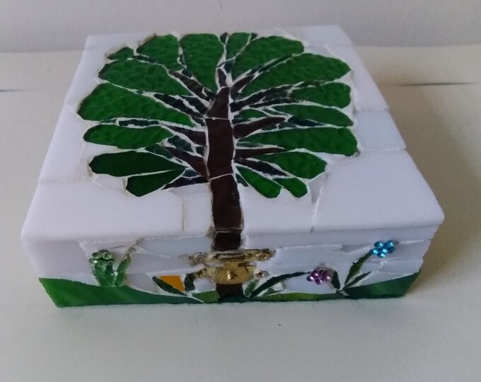 Mosaic Stained Glass Tree and Flowers and Rhinestone Flowered Jewelry, Trinket, Keepsake, Gift, Ring, Box