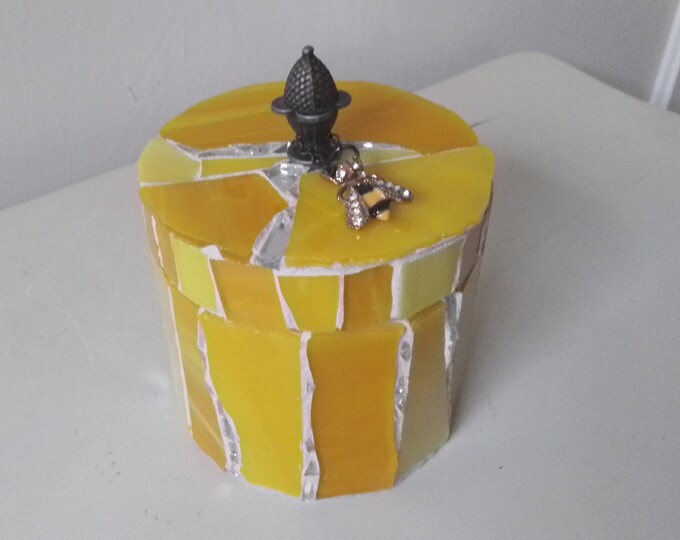 Mosaic Multi-Yellow Stained Glass and Mirrored Jewelry, Trinket, Keepsake, Ring Box With a Gold Plated Enamel and Rhinestone Bee Charm