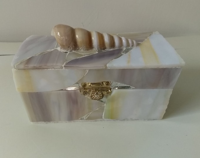 Mosaic White Marbled Stained Glass Trinket, Jewelry, Keepsake, Gift, Ring Box With a Natural Spiral Shell on Top