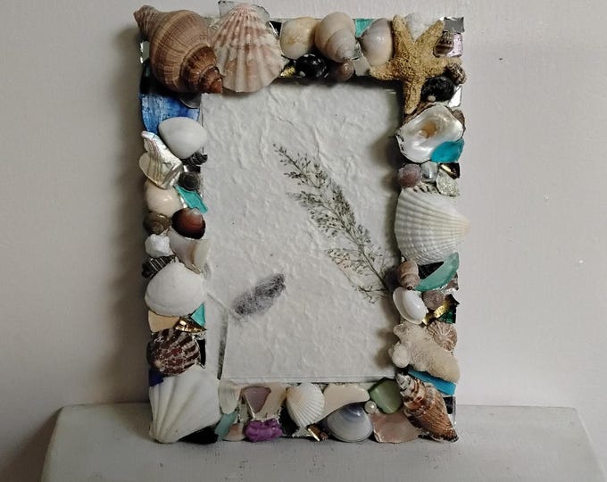 Mosaic, Handcrafted Ocean Shells, Art Glass and Mirror Vertical or Horizontal, Hanging or Tabletop 4-inch x 6-inch Frame with Glass