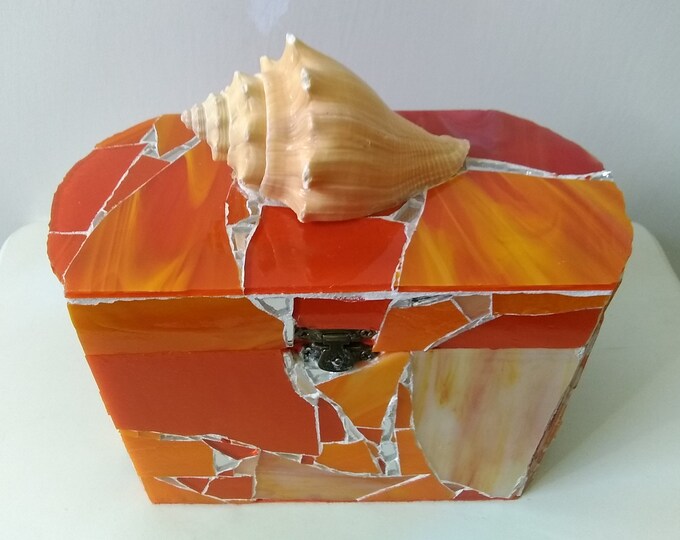 Mosaic Orange Stained Glass and Mirror Large Hinged Remote Control, Jewelry, Trinket, Keepsake, Box With a Large Conch Shell on Top