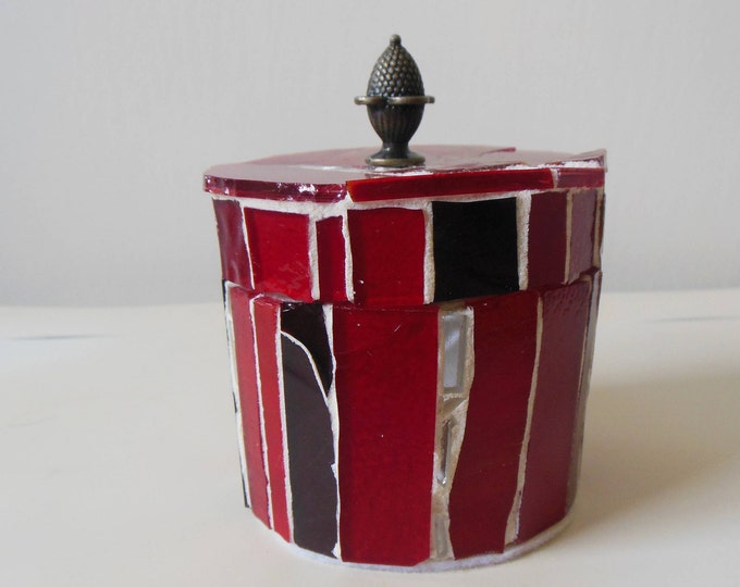 Multi Red Stained Glass and Mirror Mosaic Trinket, Jewelry, Gift Box with Metal Acorn Handle/Finial