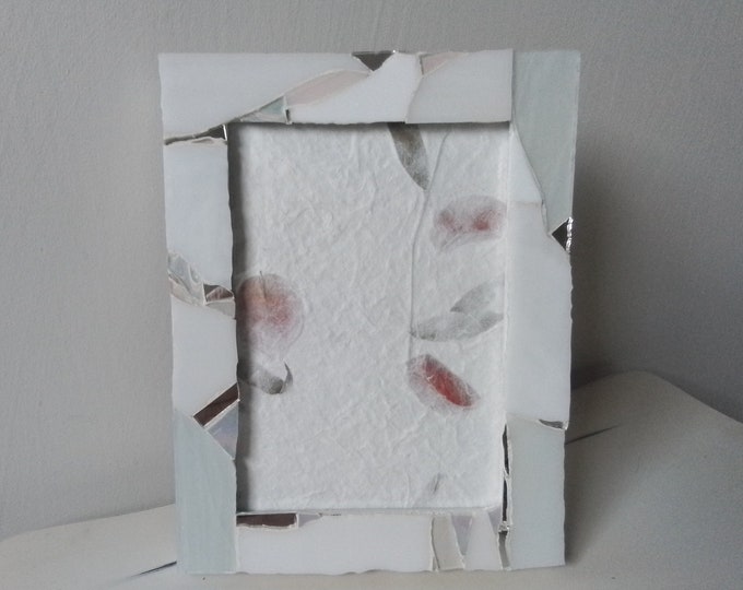 Mosaic White Stained Glass and Mirror Standing or Hanging,  Vertical or Horizontal 5 x 7 Inch Frame With Glass