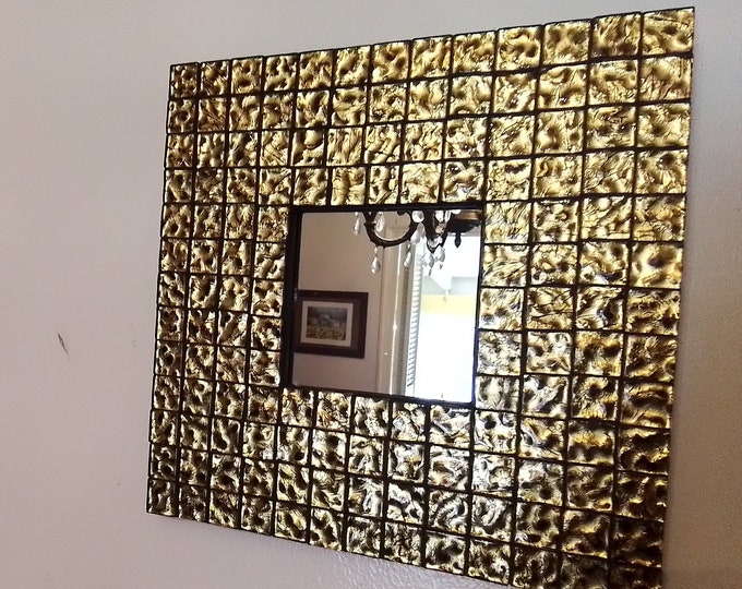 Mosaic Art Glass Black and Gold Leopard Glass Tile Square or Diagonal Hanging Mirror