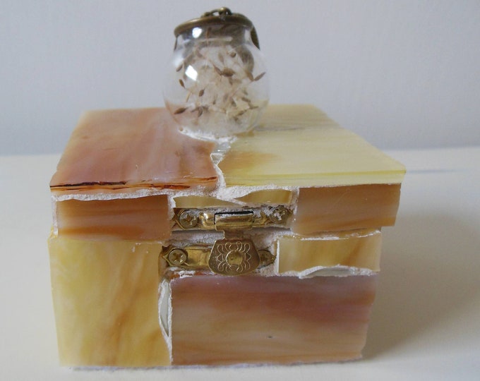 Caramel browns,and Yellow Stained Glass and Mirror Mosaic Good Luck Wish Dandelion Seed, Angel Winged Globe Trinket/Jewelry Gift Box