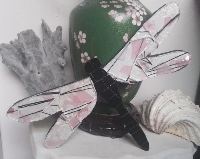 Mosaic Stained and Art Glass Pink, Black and White Hanging Dragonfly