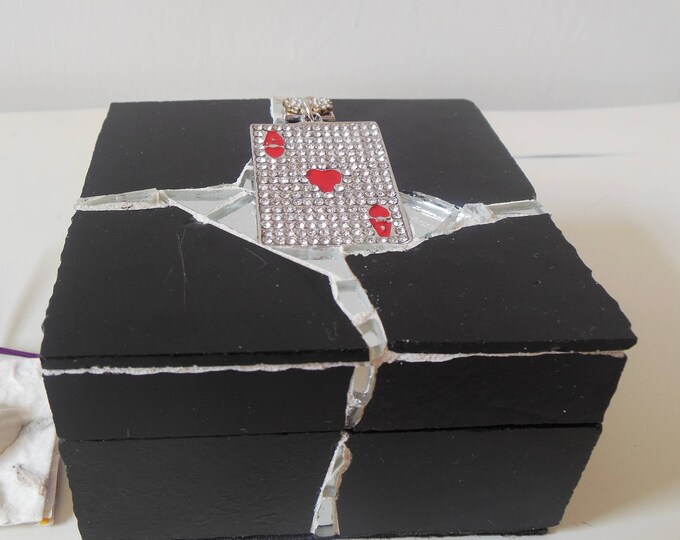 Black Mosaic Stained Glass and Mirrored Square Hinged Jewelry, Trinket, Gambling, Gift Box With a Gold Plated Enamel and Rhinestone Ace