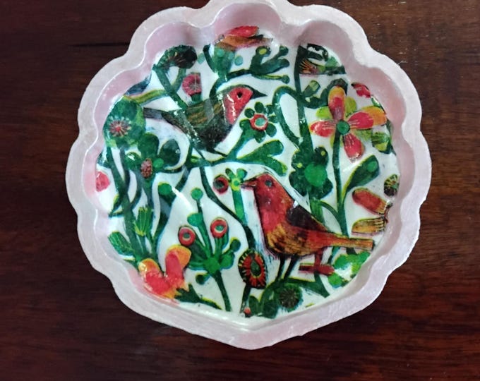 Concrete Shell, Appliqued Birds, Trees and Flowers Pink Jewelry, Keys, Triple Lacquered Gathering Dish