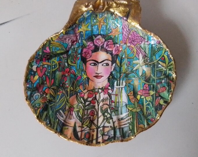 Frida Kahlo Transfer, Gold Leaf Painted and Laquered Jewelry, Car Fob, House Keys, Keepsake, Extra Large Heavy Sea Clam Shell Dish