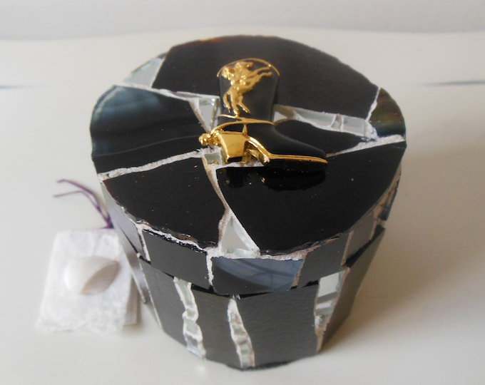 Mosaic Black Stained Glass and Mirrored Western Round Trinket, Jewelry, Keepsake, Gift, Ring Box With a Gold Plated and Enamel Boot on Top