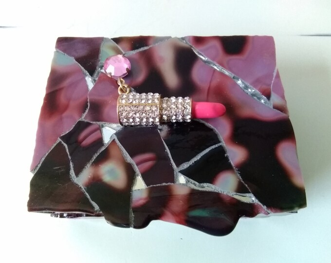 Mosaic Stained Glass and Mirror Jewelry, Keepsake, Lipstick Box With a Gold Plated and Rhinestone Lipstick on Top and Large Pink Glass Charm