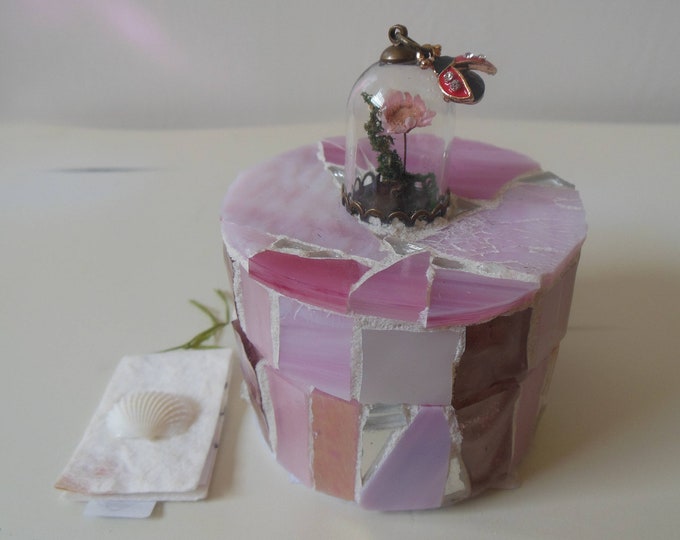 Mosaic Pink Stained Glass and Mirror Trinket, Jewelry, Gift, Box With a Glass Domed Delicate Dried Pink Flower Inside and Ladybug Charm